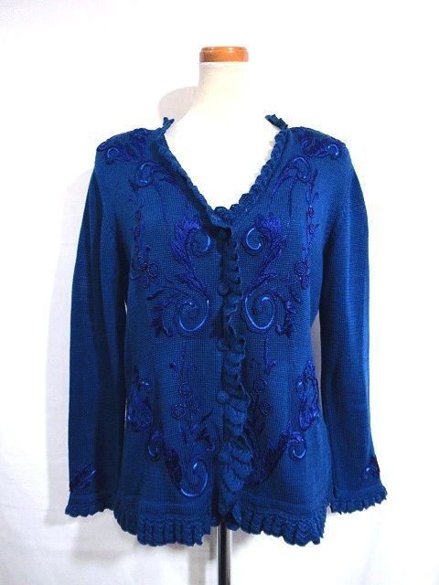 ◆美品◆ROYAL ALPACA ロイヤルアルパカ*ボタニカル*刺繍*HAND KNITTED*カーディガン*#M*pima cotton*ブルー*ペルー製