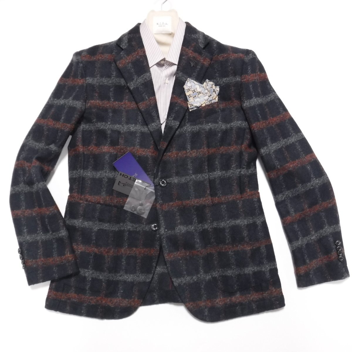 JK366 ジーステージ 新品 紺 チェック テーラードジャケット 軽量 保温 46 M ウール混スライバーニット G-stage ネイビー LEON 掲載