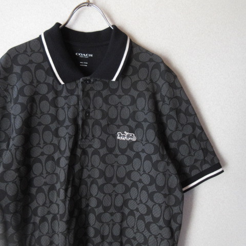 ○試着程度 COACH コーチ◆シグネチャー 総柄 ポロシャツ 半袖 国内正規◆メンズ ブラック Sサイズ