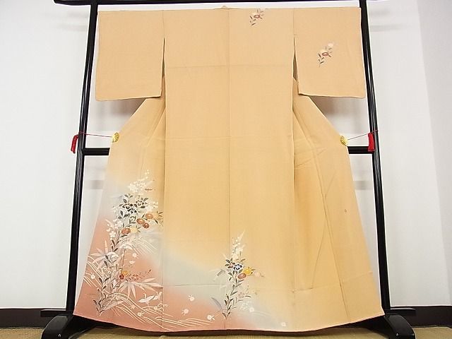 平和屋-こころ店■訪問着　友禅　作家物　飛鶴枝花文　暈し染め　金彩　着丈162cm　裄丈67cm　正絹　逸品　未使用　B-ey6361