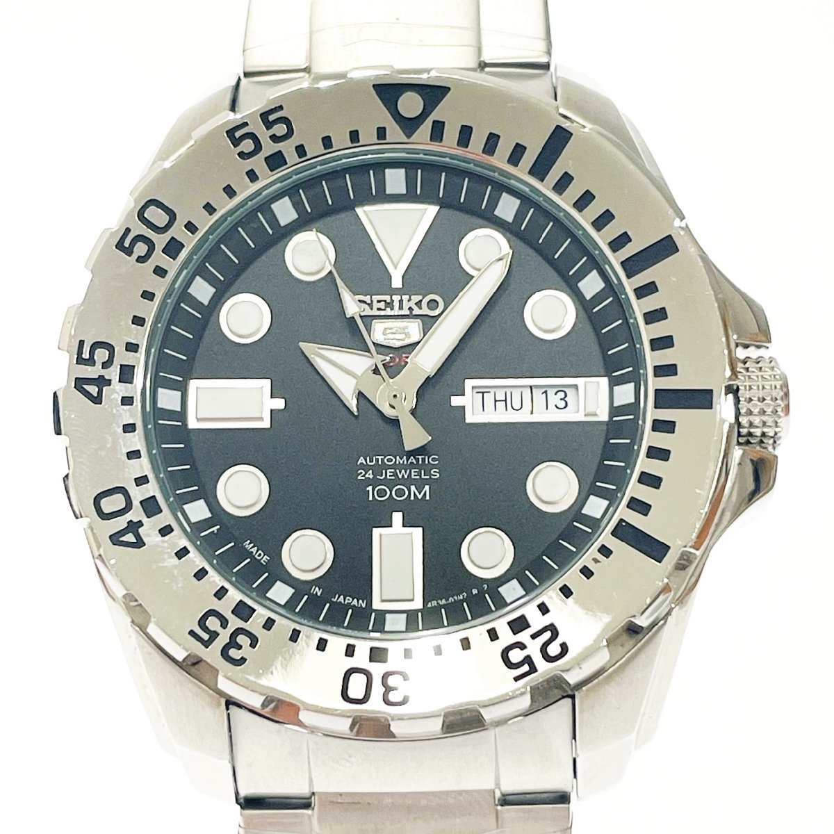 【1円スタート】SEIKO セイコー 4R36-03T0 ファイブスポーツ 24石 SS ブラック文字盤 自動巻き メンズ腕時計 217188