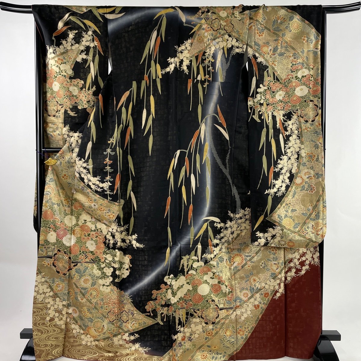 振袖 身丈170cm 裄丈68cm L 袷 花車 草花 金銀彩 金糸 黒 正絹 美