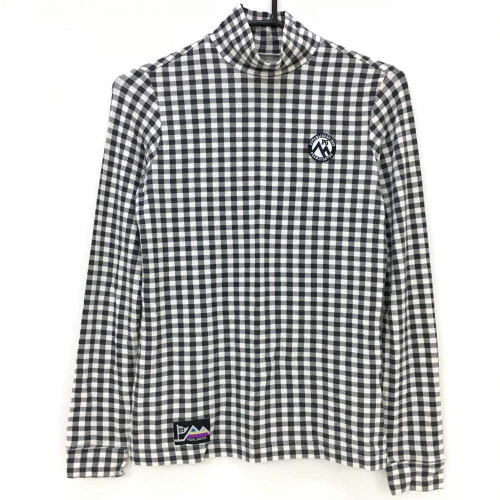 美品】パーリーゲイツ 長袖ハイネックシャツ 白×ネイビー チェック 表