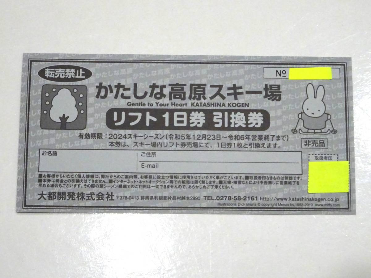かたしな高原スキー場　リフト１日券引換券