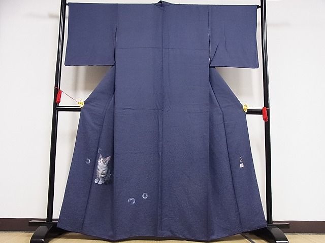 平和屋-こころ店□訪問着 作家物 一広 手描き 猫 着丈159cm 裄丈66cm