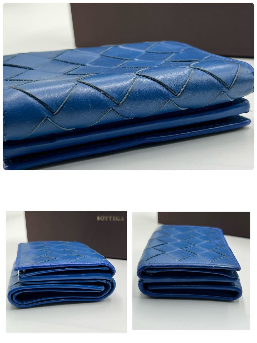 美品 BOTTEGA VENETA ボッテガヴェネタ 財布 コンパクトウォレット サイフ マキシ イントレチャート 三つ折り ブルー メンズ レディース