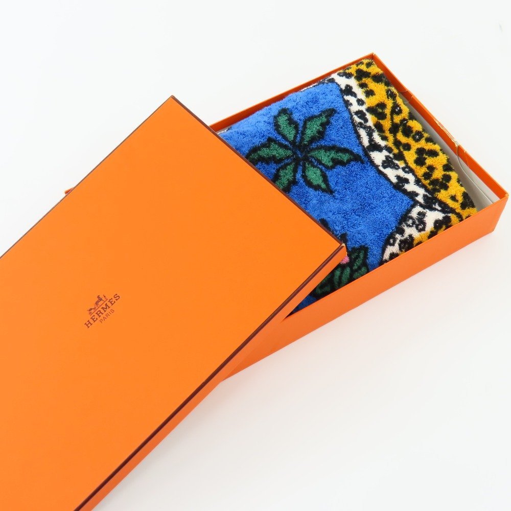 HERMES ビーチタオル レオパード ラグ 玄関マット 豹 オレンジ×青