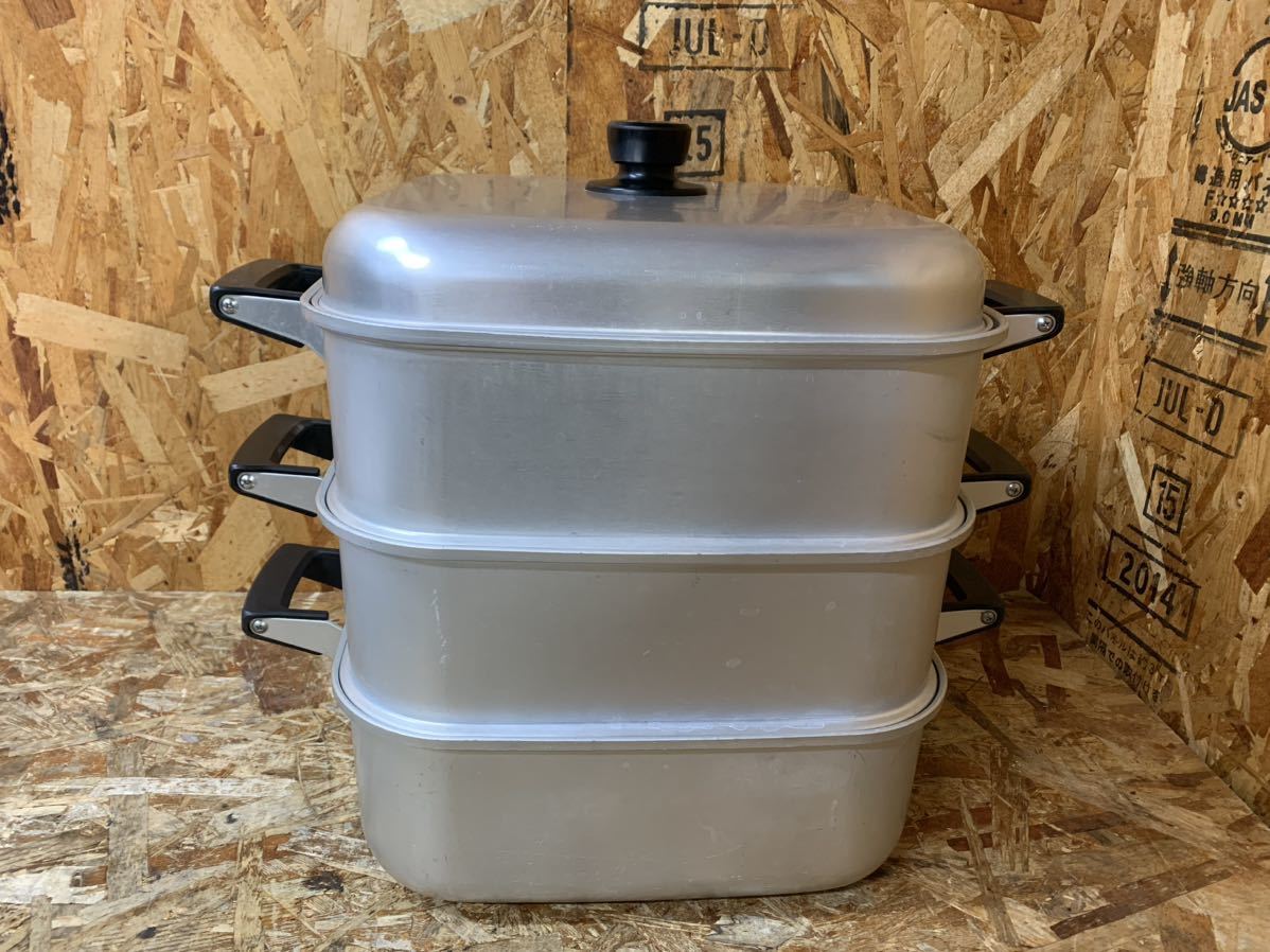 6146) アルミ 角型 3段 蒸し器 33cm セイロ 蒸器 業務用 飲食店 店舗