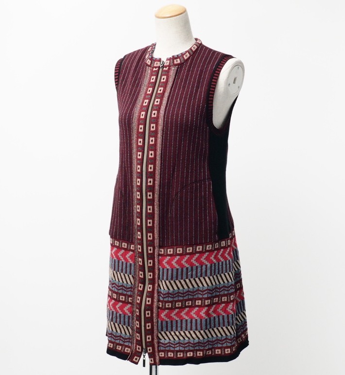 TG2707▲ヒロコ コシノ/HIROKO KOSHINO ニットワンピース/ロングベスト 日本製 ノースリーブ ラメ ストライプ ダブルファスナー サイズ38