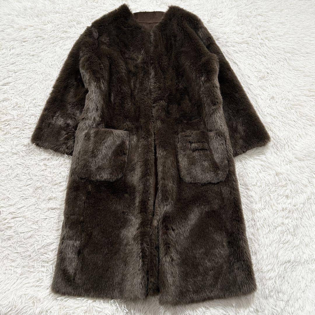 【23区】リアルムートン ファーコート ハーフコート本革羊革 グレージュ38美品 ムートンコート ファーコート リアルムートン レザー ロング ブラウン