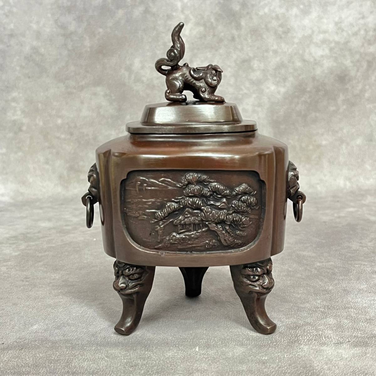 瑞峰作】 香炉 獅子 青銅製 銅製 三足 木箱 共箱 ＜真作保証＞