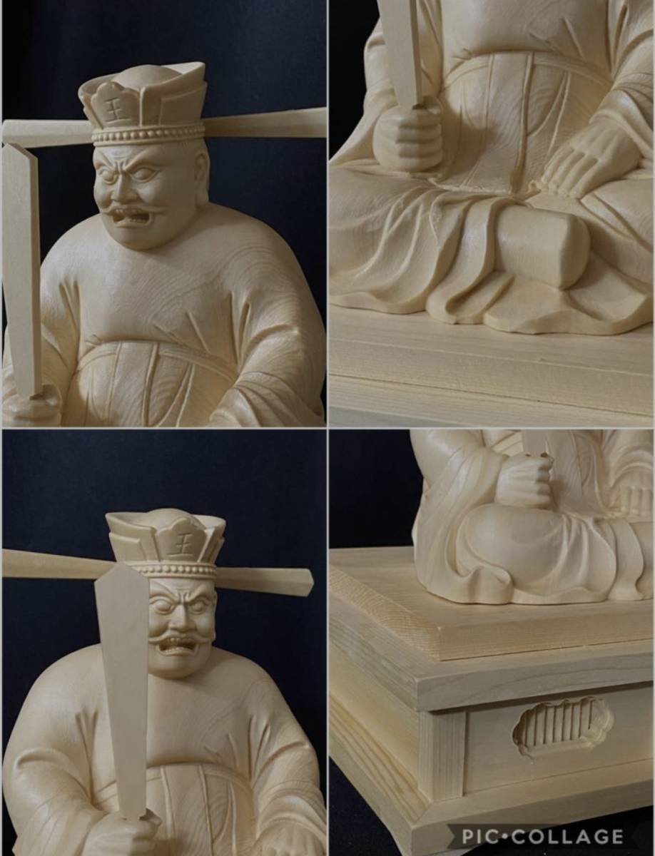 井波彫刻総檜材仏教工芸品木彫仏像仏師手仕上げ品 地獄の主閻魔大王座像