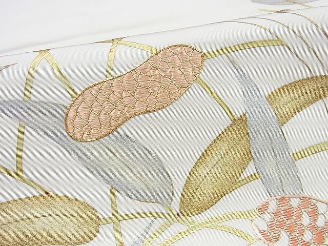 平和屋-こころ店□塩瀬 九寸名古屋帯 枝葉文 駒刺繍 金彩 正絹 逸品 B