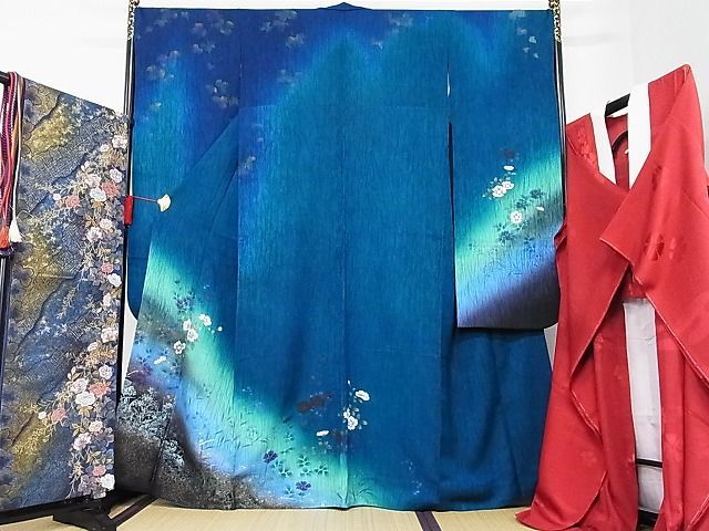 平和屋-こころ店■極上 振袖 長襦袢(無双)・袋帯・帯締め・帯揚げセット 暈し染 金銀彩 やまと誂製 着丈163cm 裄丈69cm 逸品 A-ck6822