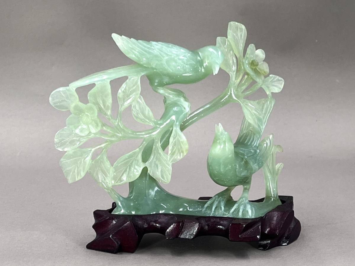 好日）うぶだし中国美術 翡翠 玉石 彫刻 花鳥 置物 唐木台付 唐物