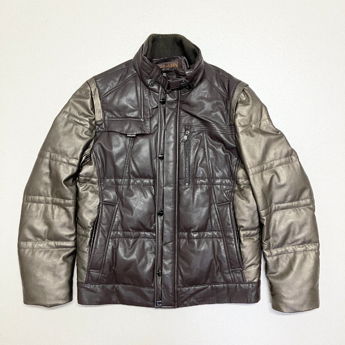 ●BALMAIN バルマン ジャケット アウター ダウンジャケット 羊革 レザー 防寒 バイカラー ブラウン/ゴールド系 サイズXL メンズ 1.24㎏●