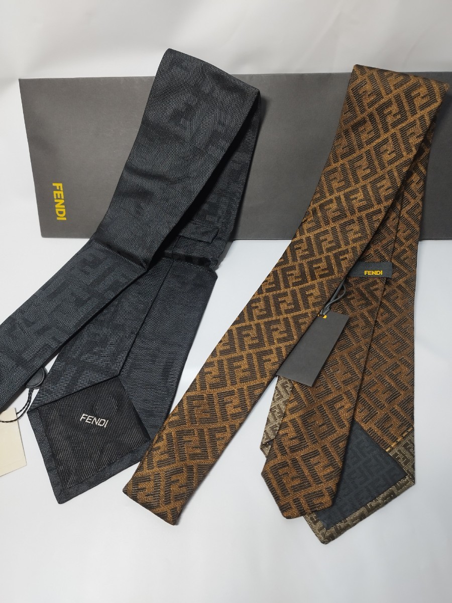 タグ付き美品】FENDI/フェンディ ネクタイ 2本セット 黒 ブラウン 正規
