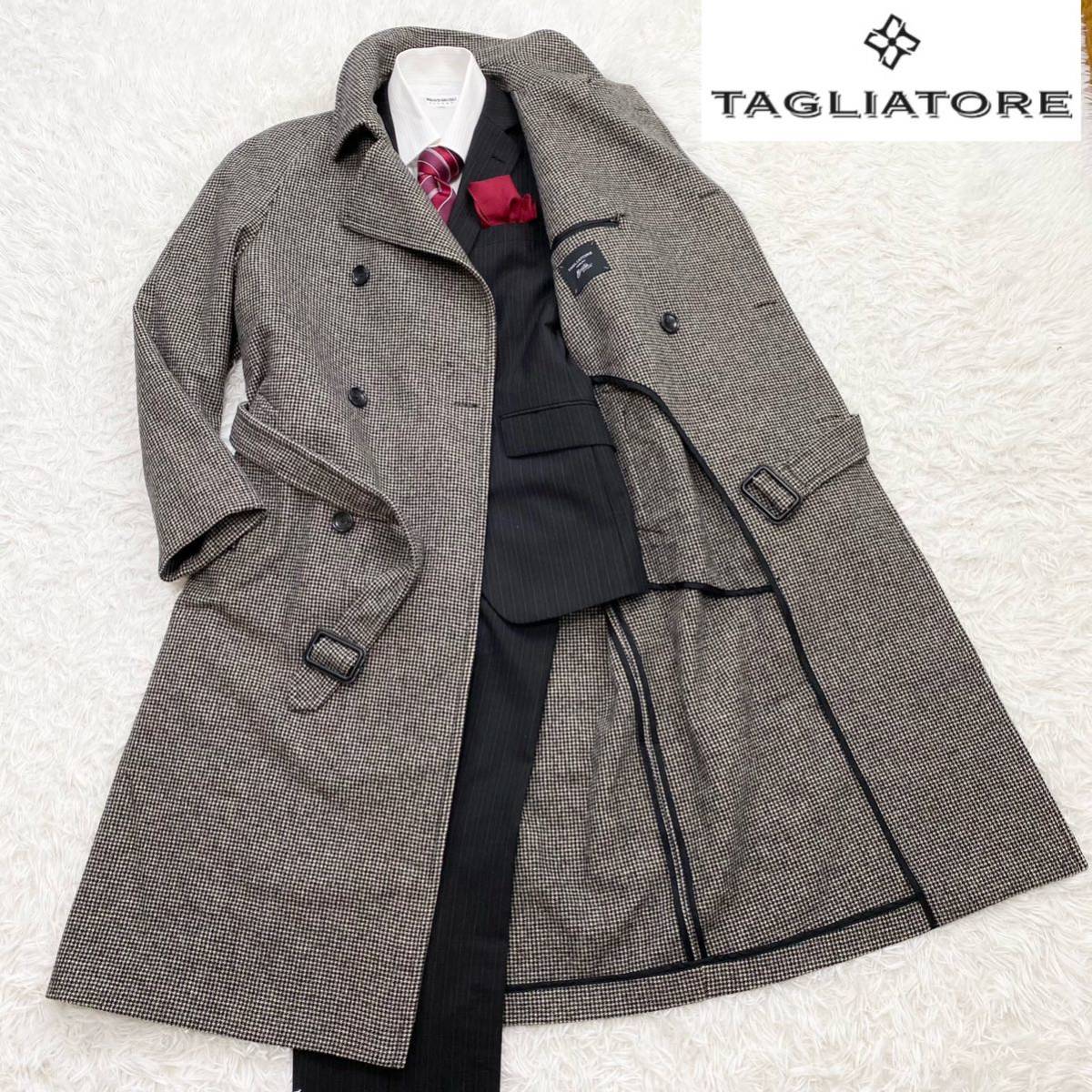 ★超高級！ バージンウール【超美品】タリアトーレ ☆イタリア製♪ ハウンドトゥース(千鳥格子)柄 トレンチ コート 46(M程度) TAGLIATORE
