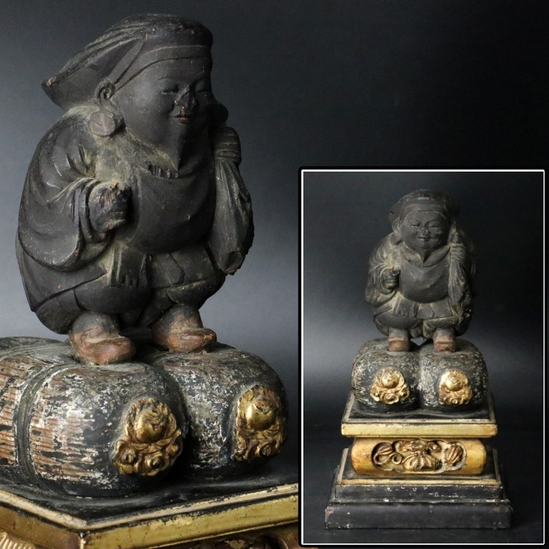 宙 時代 木造大黒天像 25.4cm 木彫二俵大黒天立像 漆箔 七福神 置物