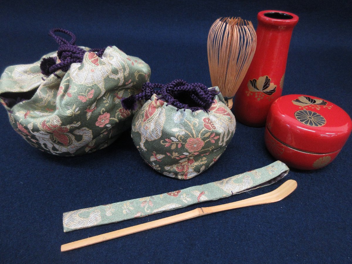 A6730 漆芸「茶道具 野点セット 利休茶箱/仕覆/棗/茶筅/茶筅筒/茶杓 