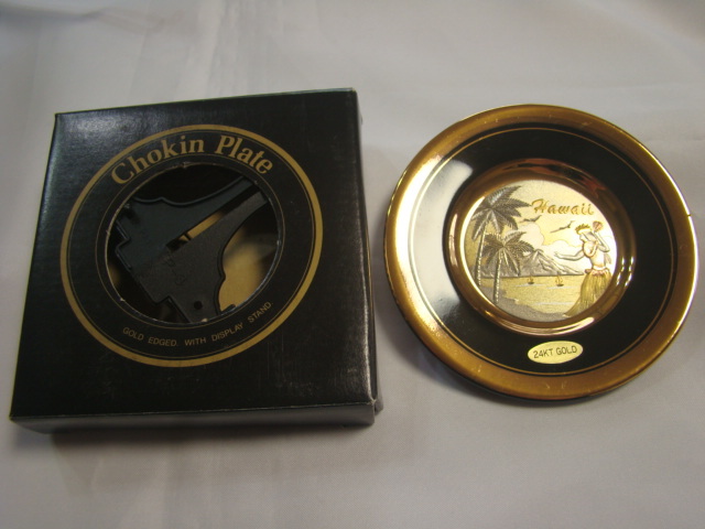 【新品】24K The art of Chokin☆希少▶鬼瓦茶托 5客 年譜付 激安！Chokin ART 24KT GOLDHawaiiフラガール 彫金 皿 プレート(陶磁