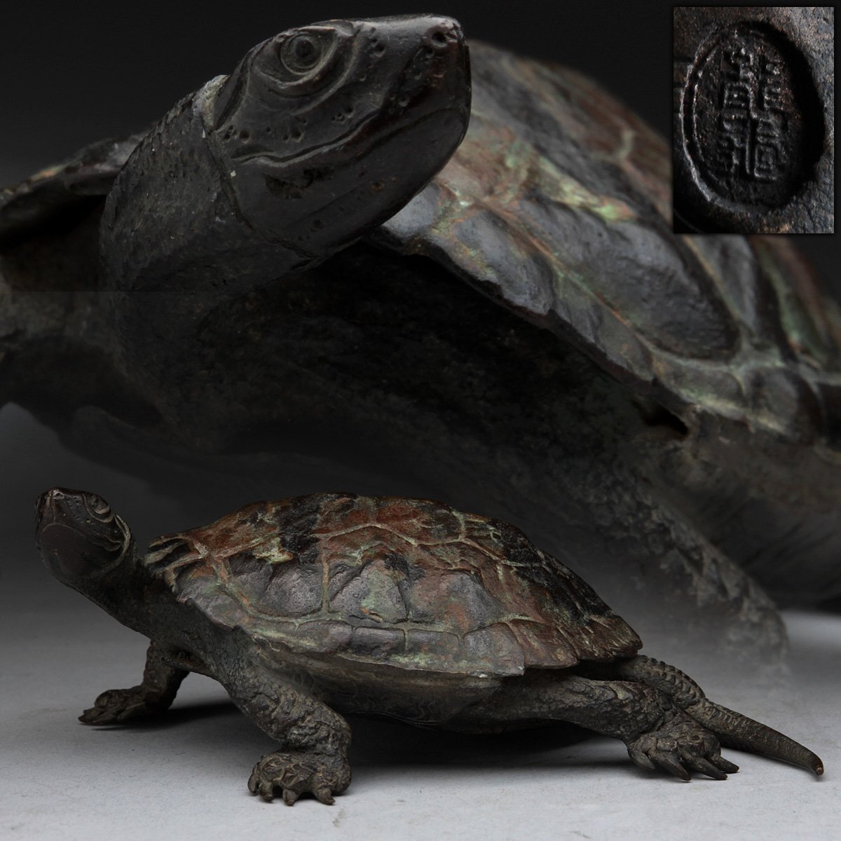 ES776 時代金工【野上龍起 作】細密 精巧 鋳銅「亀・龜」置物 幅11cm