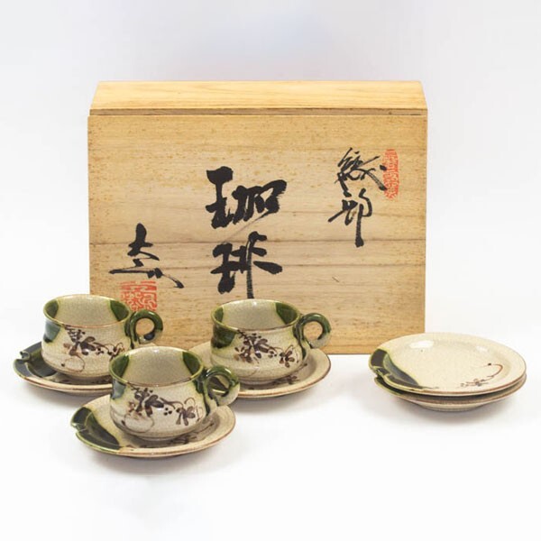 赤津焼 六兵衛窯 織部鉄線花文 コーヒー碗 皿 カップ＆ソーサー3客+ソーサー2客 セット #18655_1