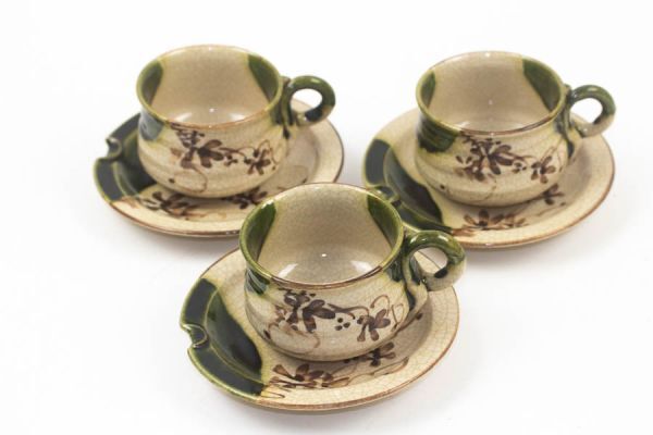 赤津焼 六兵衛窯 織部鉄線花文 コーヒー碗 皿 カップ＆ソーサー3客+ソーサー2客 セット #18655_2