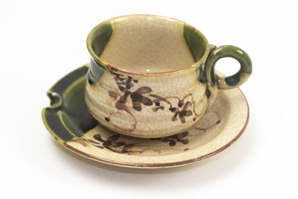 赤津焼 六兵衛窯 織部鉄線花文 コーヒー碗 皿 カップ＆ソーサー3客+ソーサー2客 セット #18655_3