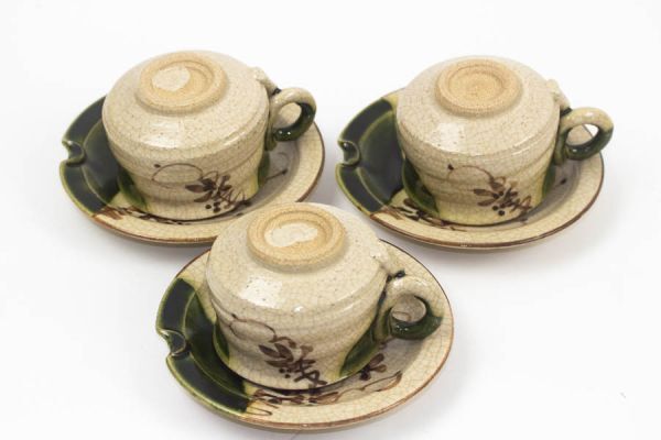 赤津焼 六兵衛窯 織部鉄線花文 コーヒー碗 皿 カップ＆ソーサー3客+ソーサー2客 セット #18655_7