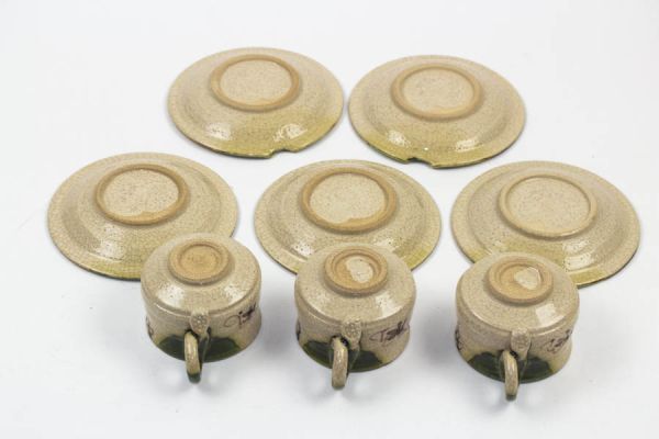 赤津焼 六兵衛窯 織部鉄線花文 コーヒー碗 皿 カップ＆ソーサー3客+ソーサー2客 セット #18655_9