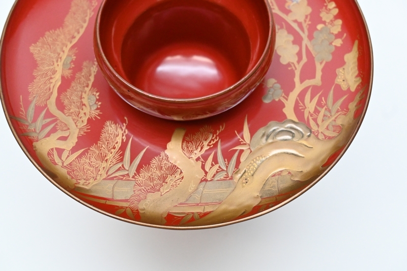 三つ組盃 盃台 豪華 □ 見事な蒔絵盃台 朱塗三盃 高金蒔絵 [松竹梅] 金