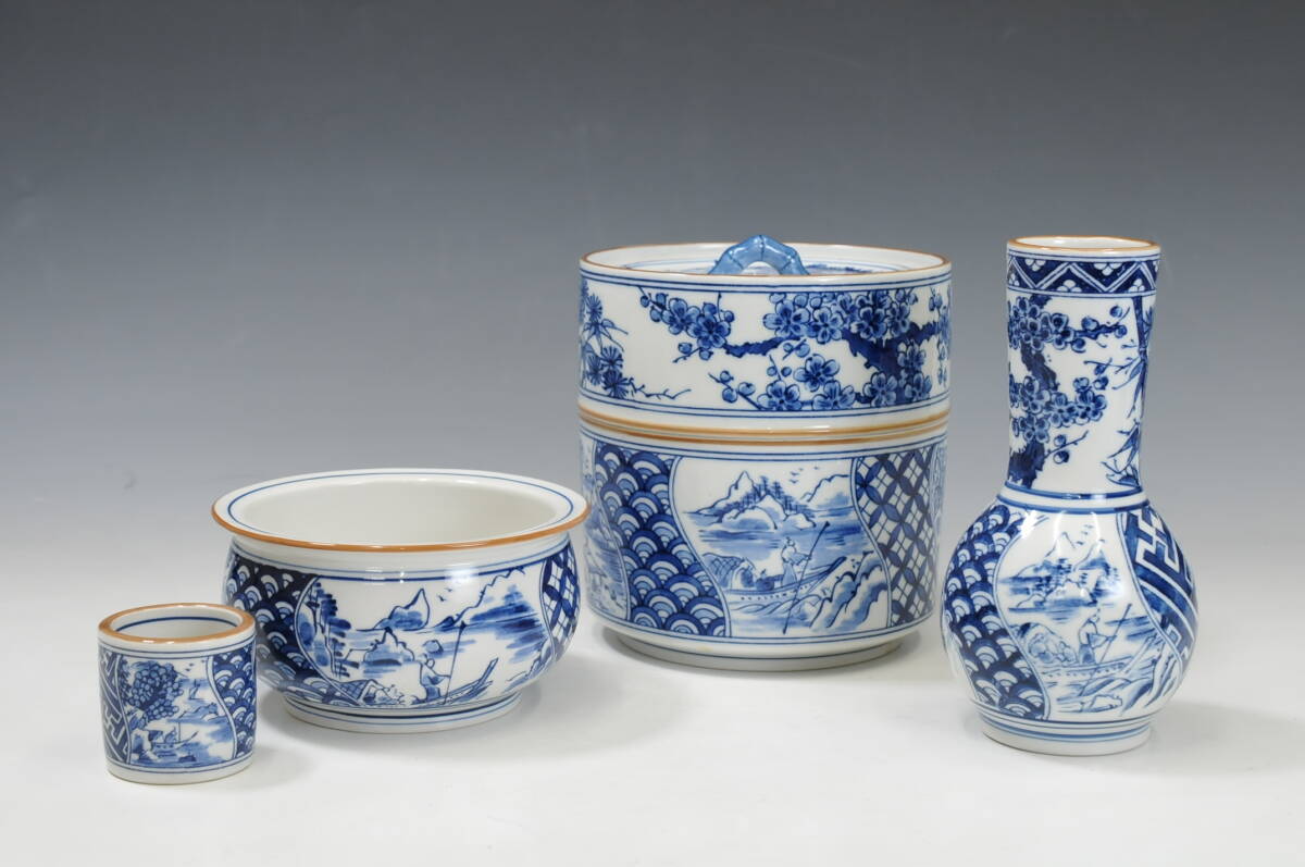 玉祥造　染付　山水図　皆具　美品　共箱　茶道具　送料込 真作】 西尾瑞豊 造 『染付祥瑞 皆具』 共箱 茶道具 0308004-5(陶磁