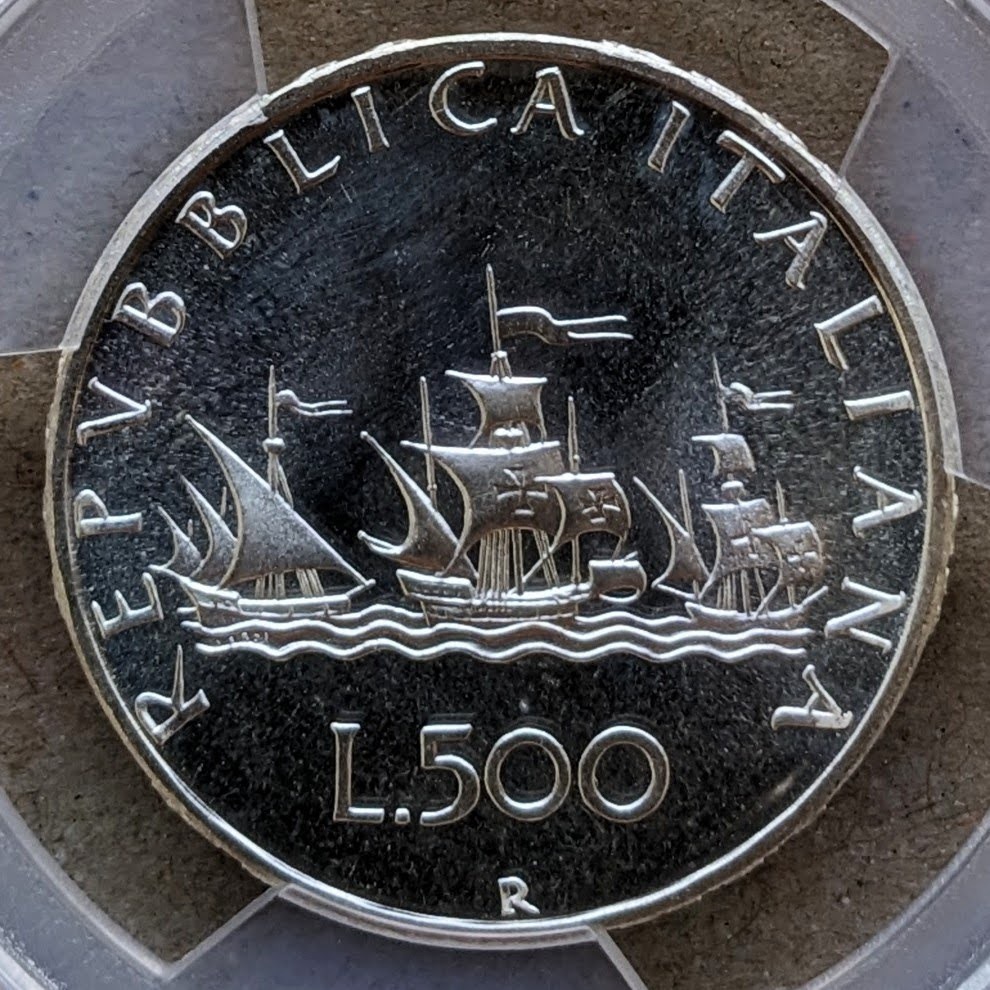 MS66 1970年 イタリア コロンブス 500リレ 銀貨 UNC ローマミント 500