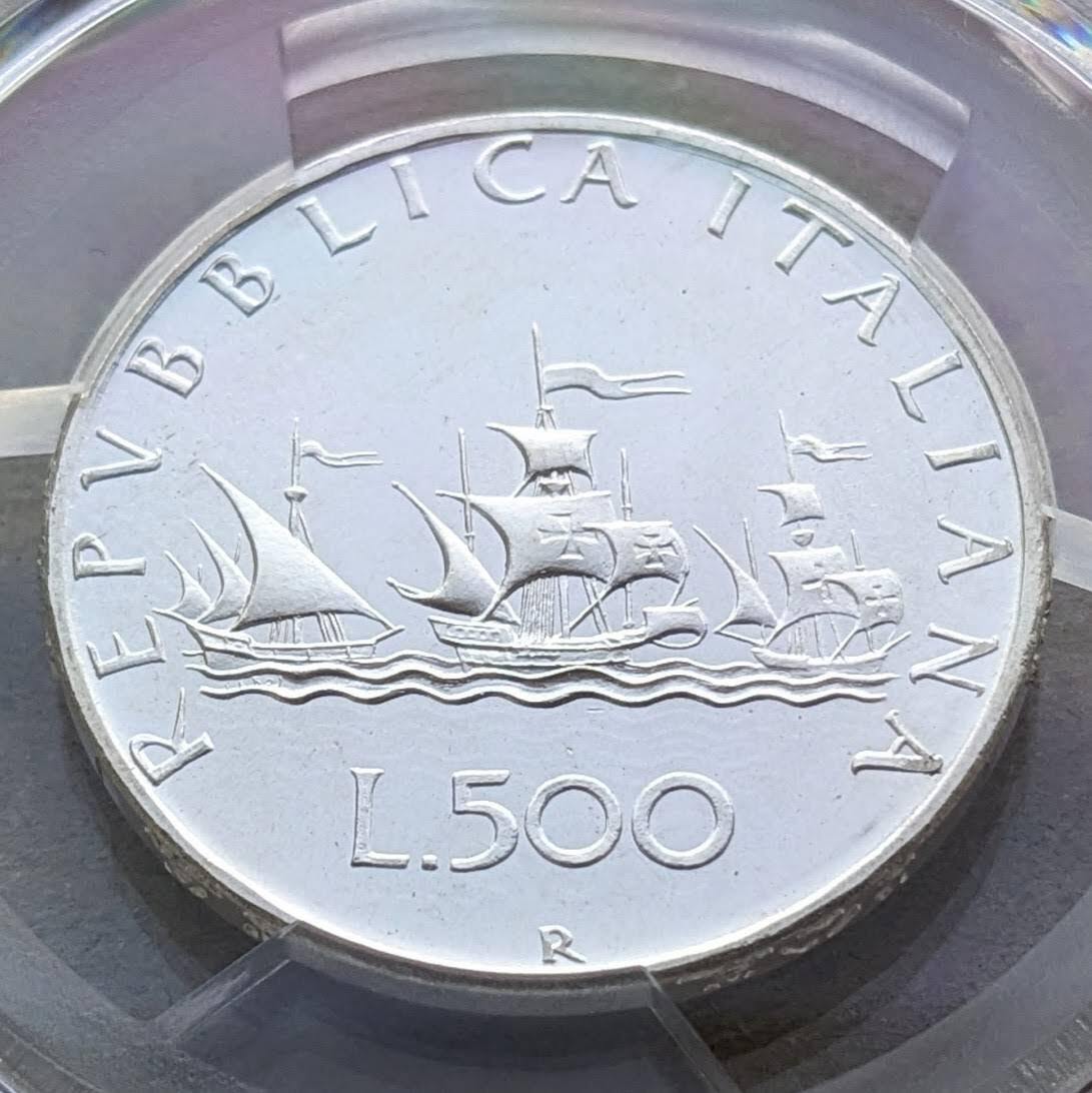 MS66 1970年 イタリア コロンブス 500リレ 銀貨 UNC ローマミント 500