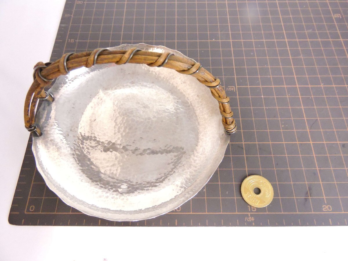 純銀製 シルバー 器 持ち手付き菓子器 槌目デザイン 茶道具 直径約13.5㎝_7