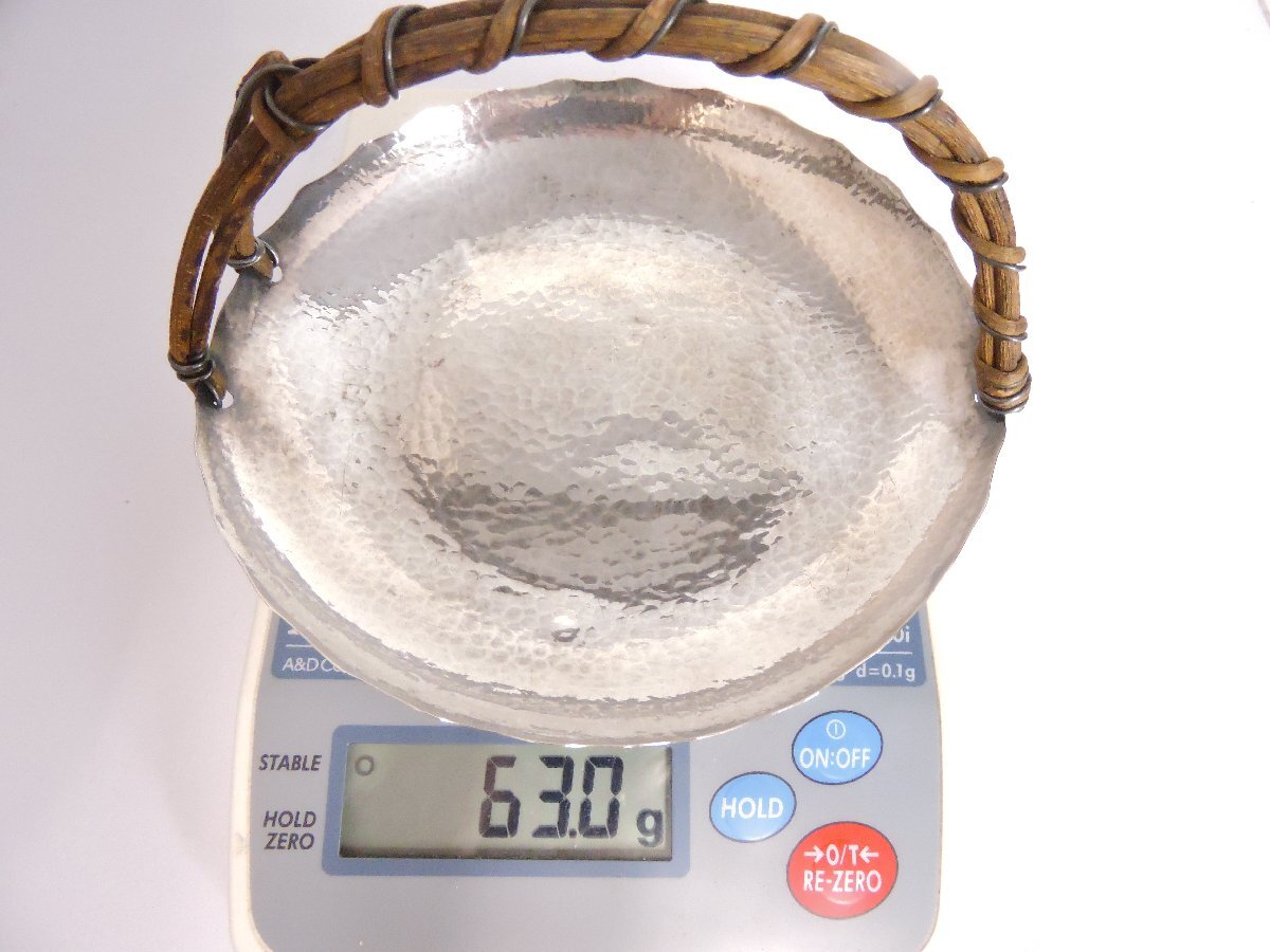 純銀製 シルバー 器 持ち手付き菓子器 槌目デザイン 茶道具 直径約13.5㎝_8