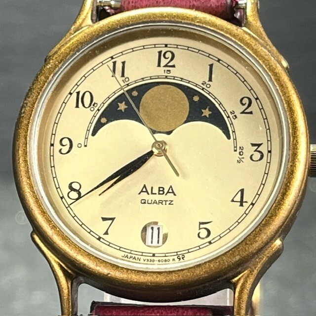 【稼動品】ALBA ムーンフェイズ クォーツ 腕時計 V338-6020 美品 SEIKO セイコー ALBA アルバ V338-6020 腕時計 クォーツ ゴールド