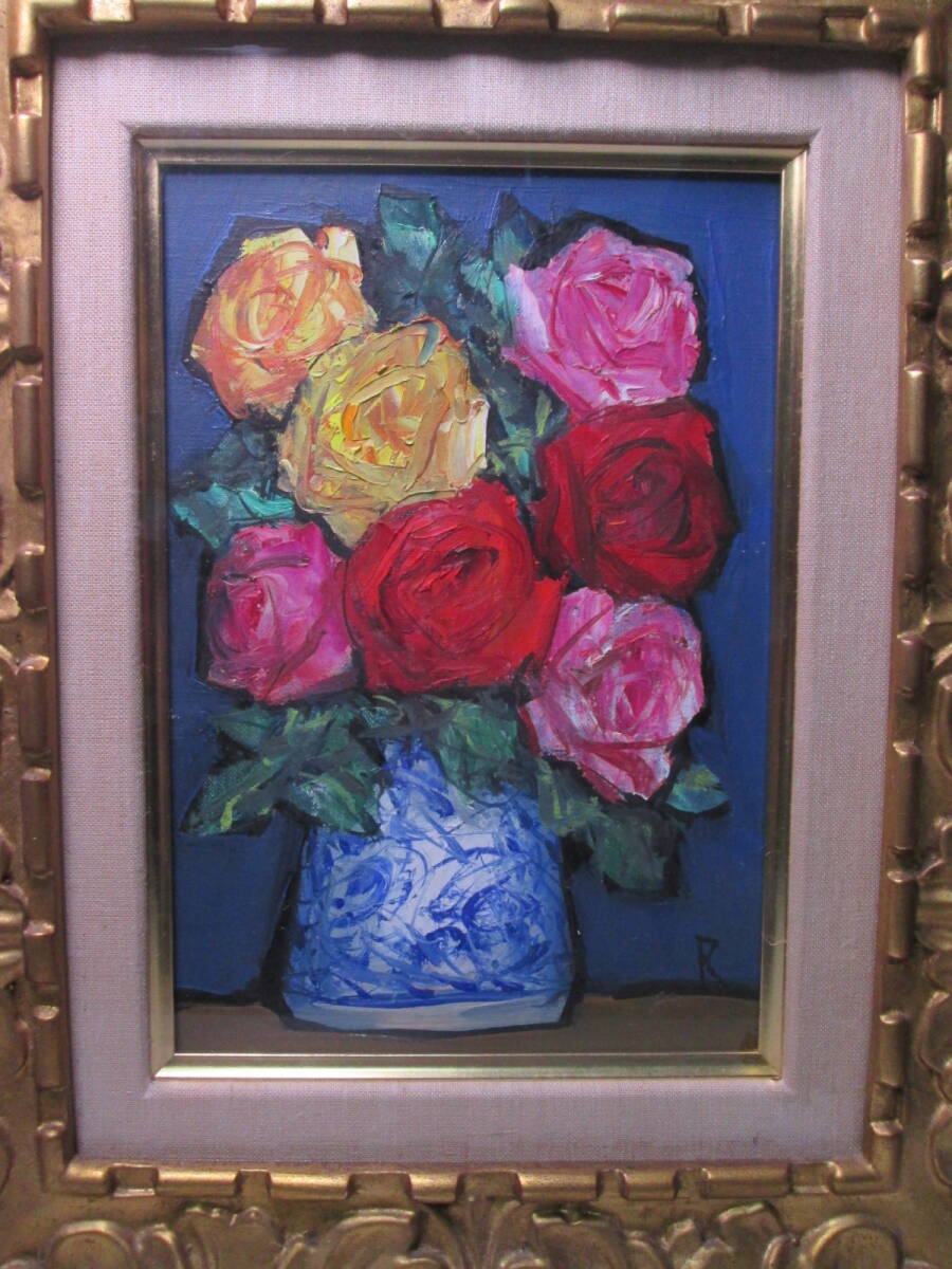 ☆ 洋画家 中川力 『 バラ 』 油彩 SM 額装 真作保証 薔薇の花(静物画