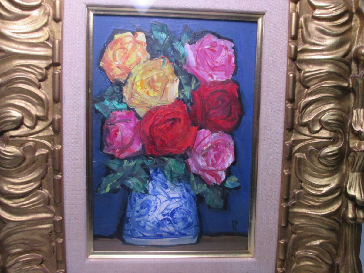 ☆ 洋画家 中川力 『 バラ 』 油彩 SM 額装 真作保証 薔薇の花(静物画