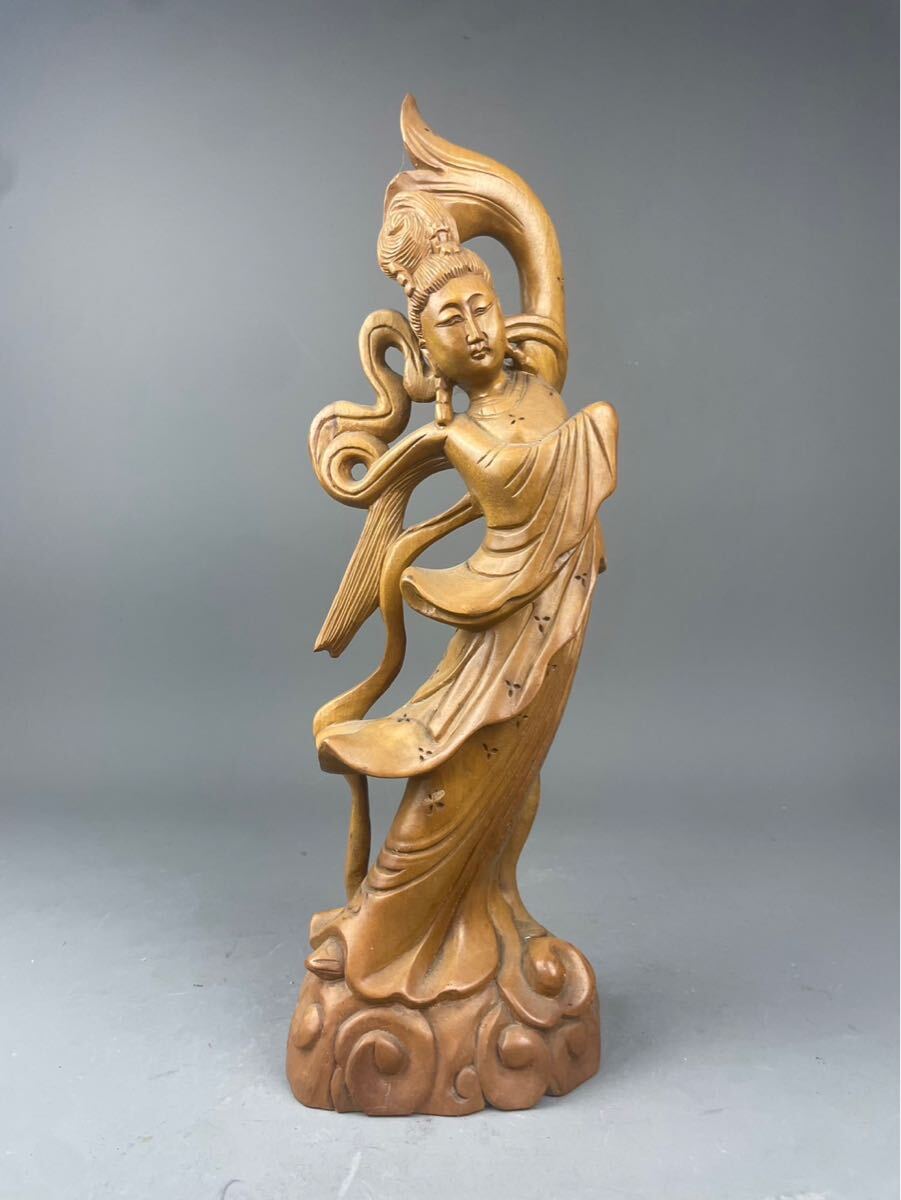 猫八】時代木彫 仏教美術 天女像 琵琶天女 弁財天 高41cm 置物 旧家蔵