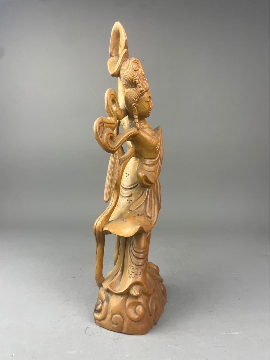 猫八】時代木彫 仏教美術 天女像 琵琶天女 弁財天 高41cm 置物 旧家蔵