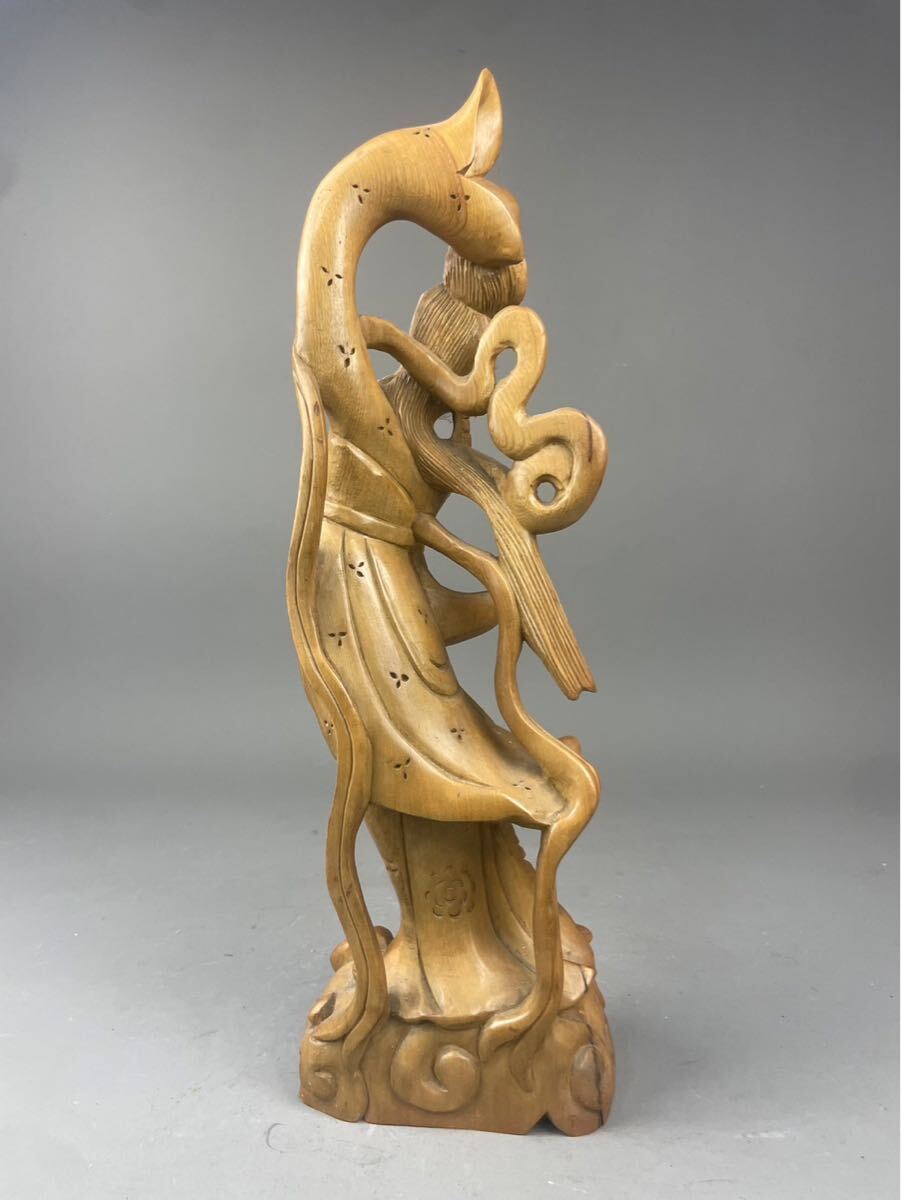 猫八】時代木彫 仏教美術 天女像 琵琶天女 弁財天 高41cm 置物 旧家蔵
