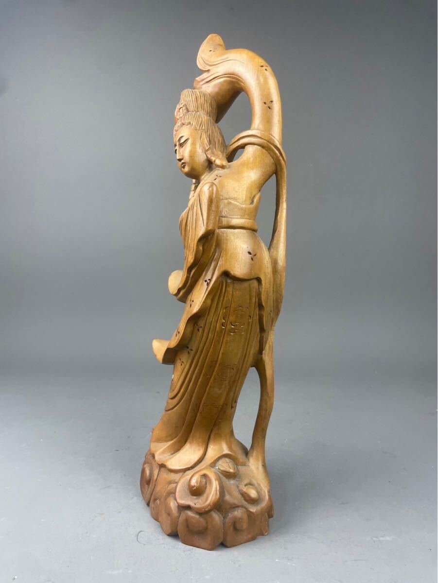 猫八】時代木彫 仏教美術 天女像 琵琶天女 弁財天 高41cm 置物 旧家蔵
