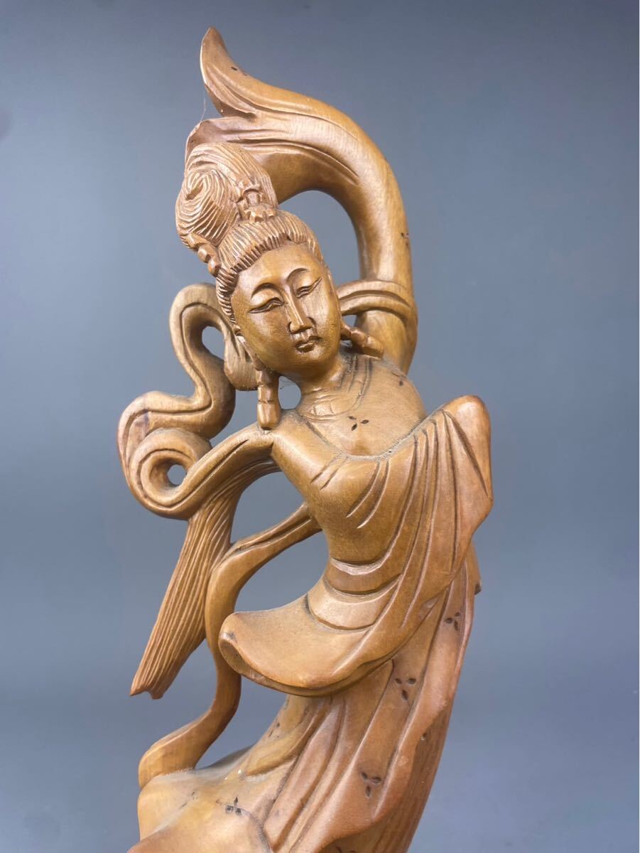 猫八】時代木彫 仏教美術 天女像 琵琶天女 弁財天 高41cm 置物 旧家蔵