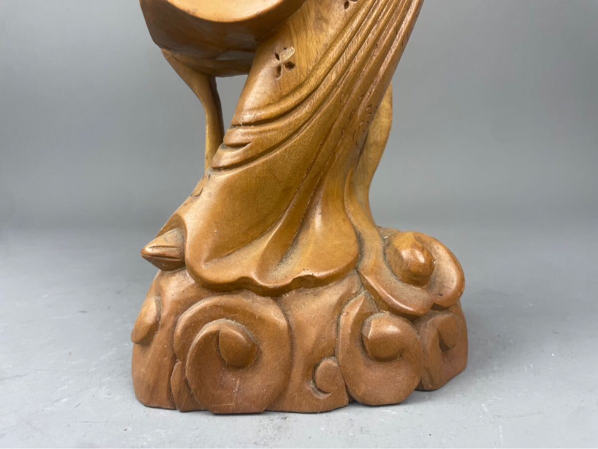 猫八】時代木彫 仏教美術 天女像 琵琶天女 弁財天 高41cm 置物 旧家蔵