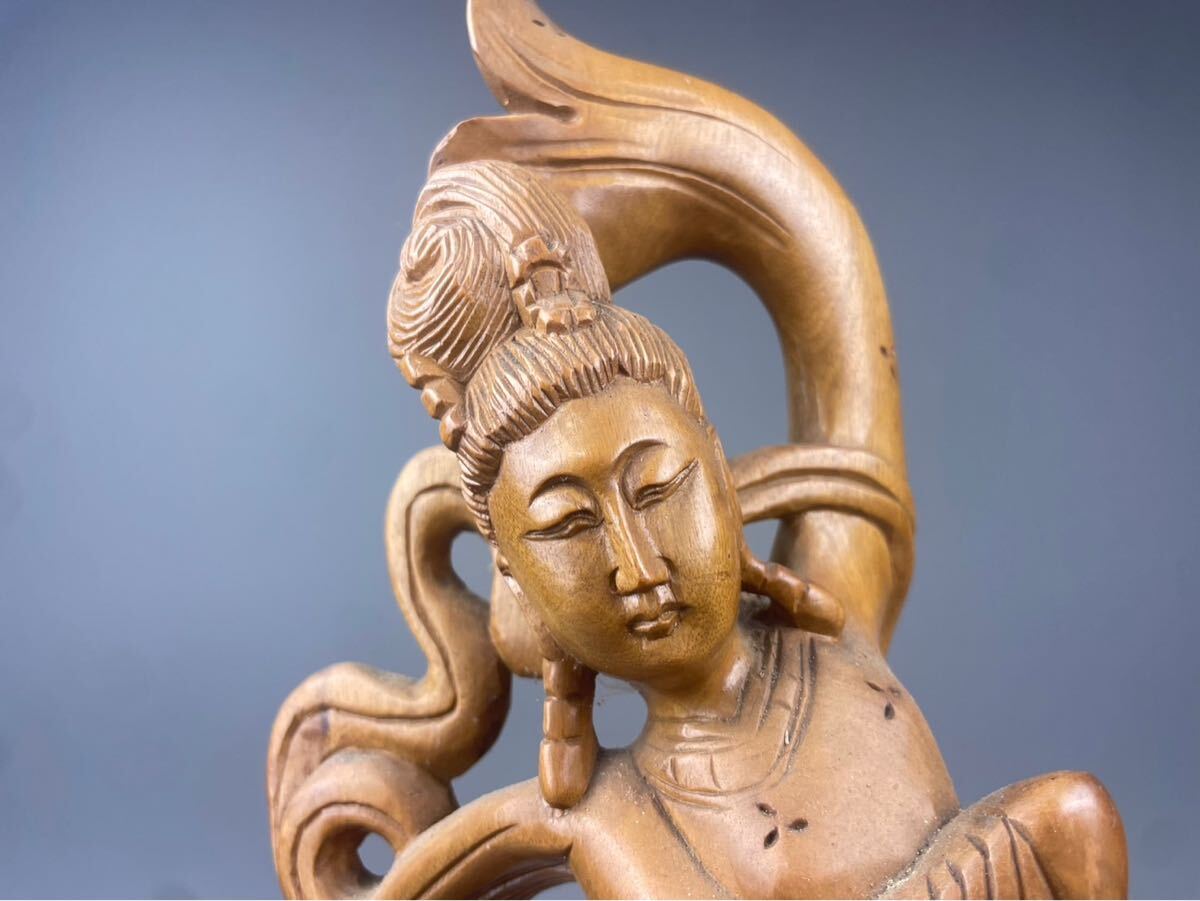 猫八】時代木彫 仏教美術 天女像 琵琶天女 弁財天 高41cm 置物 旧家蔵