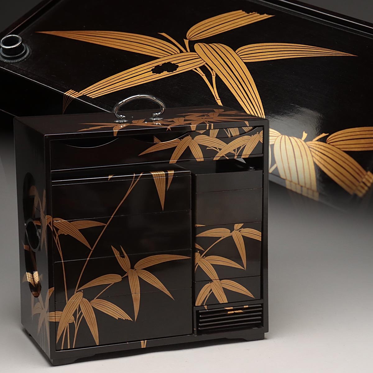 UU362 時代漆器 黒漆塗 銀提手 竹蒔絵野弁当 一式 高33cm 総重3.1kg 塗