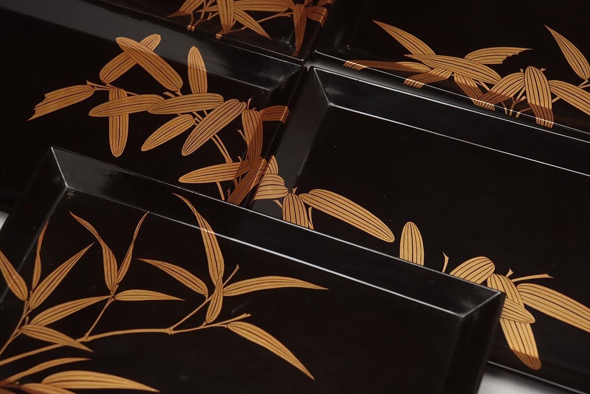 UU362 時代漆器 黒漆塗 銀提手 竹蒔絵野弁当 一式 高33cm 総重3.1kg 塗