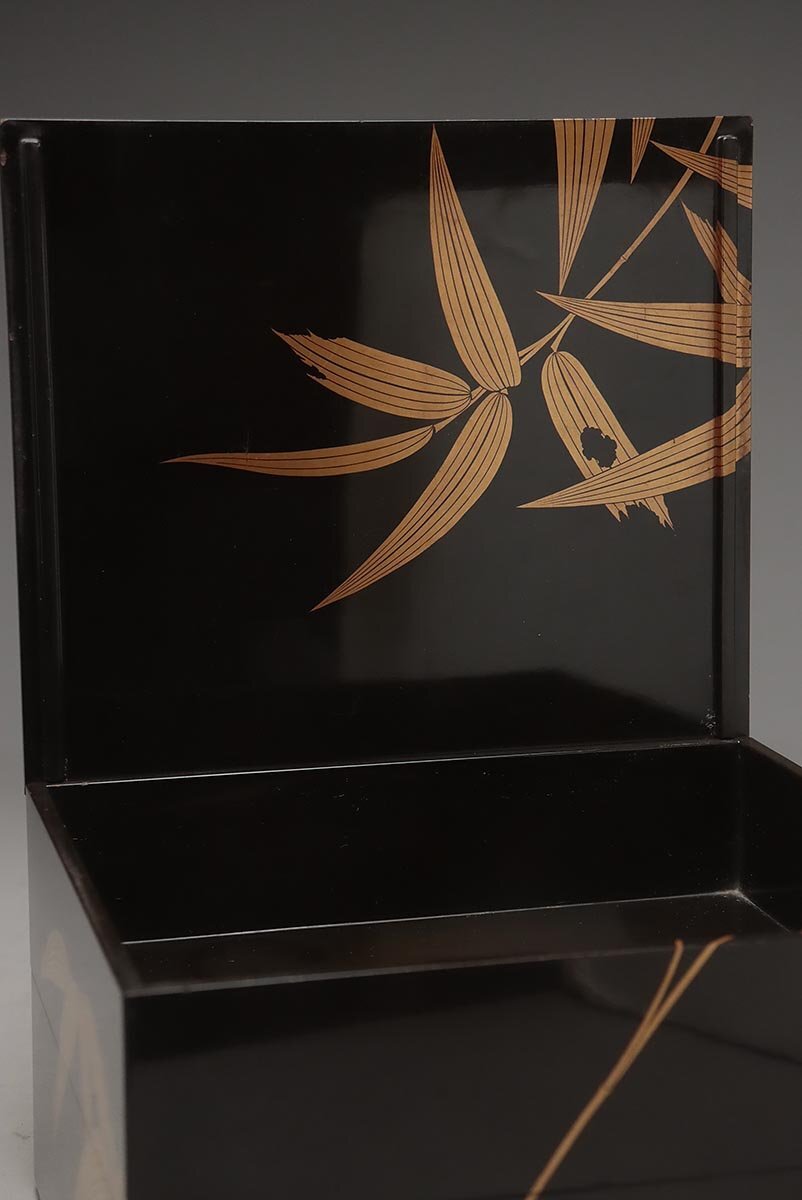UU362 時代漆器 黒漆塗 銀提手 竹蒔絵野弁当 一式 高33cm 総重3.1kg 塗
